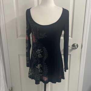 Desigual Black Floral Tunic Sheer Embroidery Back U Neckline Long Sleeve Sz M